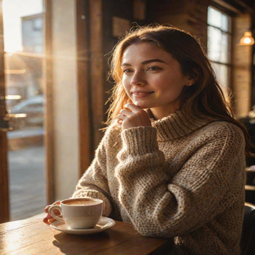 Warmly lit photo of a woman in her 20s, wearing a cozy sweater and sipping coffee at a rustic café, sunlight streaming through the large windows, casting a golden glow on her face.