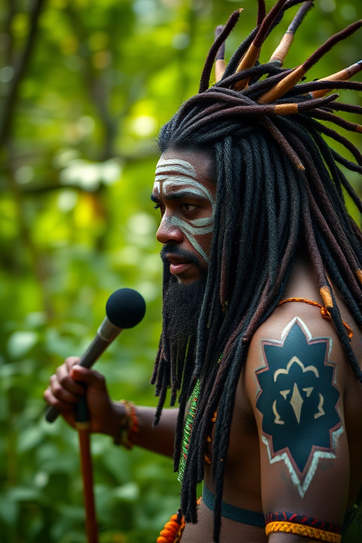 Regenerate the image of a traditional performance with a focus on a man with long dreadlocks and body paint, in a lush green forest setting, using a DSLR camera, 50mm lens, f/1.8 aperture, ISO 100, natural lighting, capturing details of cultural expression and vibrant colors.
