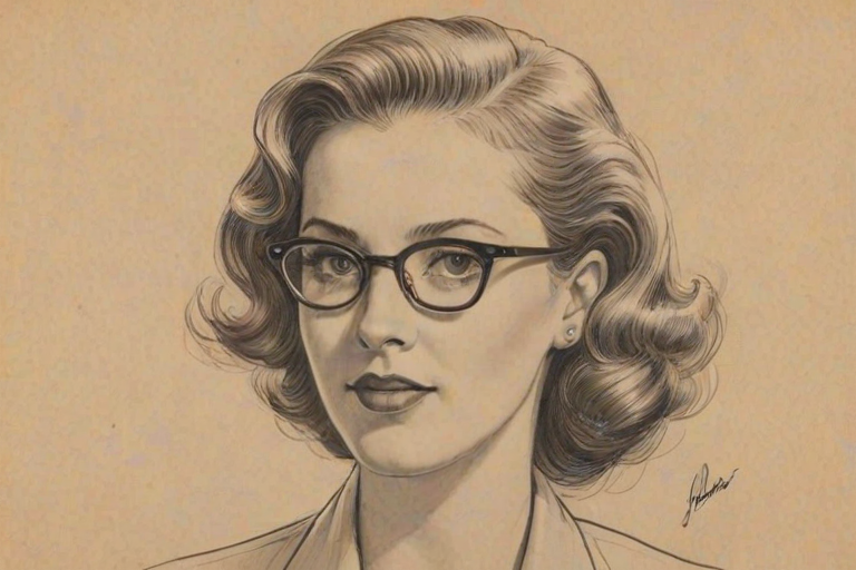 Wonderful Clea Lewis, pencil sketch, portrait of Appealing woman 1941s in glasses, hair style beatnik, outline, clear lines, fine lines, 8k