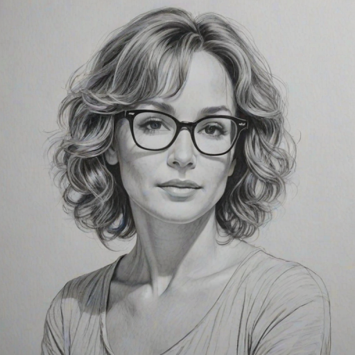 Graceful Jennifer Grey, pencil sketch, portrait of Alluring woman 1962s in glasses, hair style beatnik, outline, clear lines, fine lines, 8k