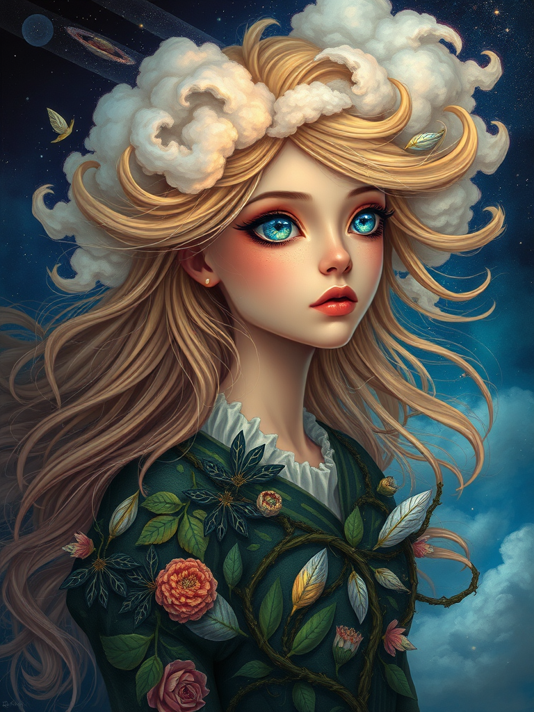Create a series of imaginative portraits where each subject is infused with elements of fantasy and nature. The hair of the individuals should flow like clouds, varying from soft, fluffy cumulus to wispy cirrus strands, with hints of color reflecting a sunset or a clear blue sky. The eyes should be windows to entire galaxies, with stars, nebulae, and distant planets visible within them. Clothing should be adorned with nature motifs, such as floral patterns that bloom and change, vines that seem to grow and wrap around, or feathers that shimmer with iridescence. Each portrait should capture a unique personality, blending human features with the ethereal beauty of the natural and cosmic world. The backgrounds can vary, from starry night skies to enchanted forests, adding depth and context to the magical realism of the portraits