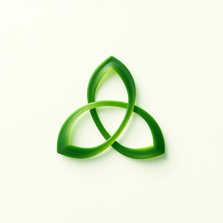 Create an image of a green triquetra symbol with a soft gradient, high resolution, taken with a DSLR camera at f/2.8 aperture, ISO 100, 50mm lens, top-down view, with soft lighting for a smooth texture and clarity.