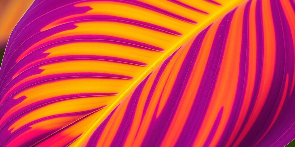 Create a vibrant and stylized illustration of a tropical leaf with a blend of purple, yellow, and orange hues, using a Canon EOS R5 camera with a 50mm lens, aperture set to f/2.8, ISO 100, in natural light for high detail and rich color contrast, capturing a close-up view to emphasize texture and vibrant colors.