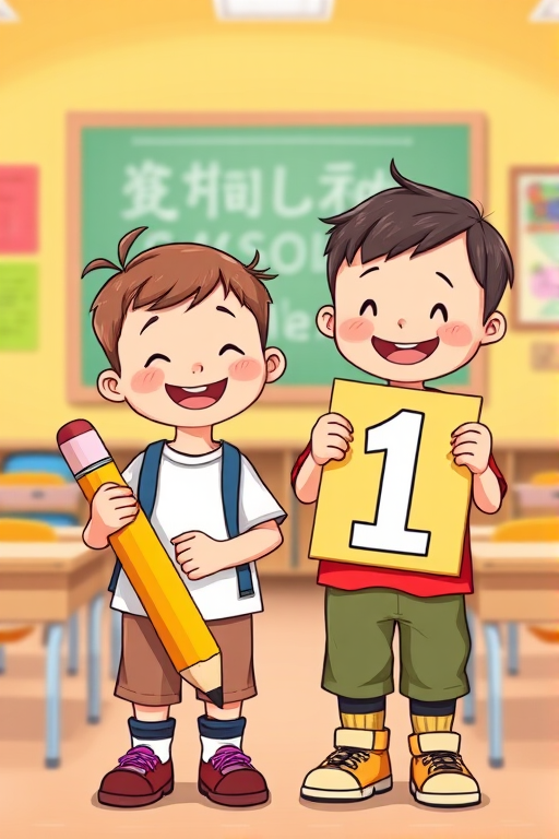Create an illustration of two cheerful children, one holding a large yellow pencil and the other holding a number one sign, in a brightly colored classroom setting, using a Canon EOS R5 with a 50mm f/1.2 lens, aperture at f/2.8, ISO 100, shot in portrait orientation for optimal detail and clarity.