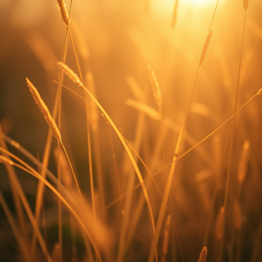 Close-up shot of golden grass with soft sunlight filtering through, f/2.8 aperture, 50mm lens, ISO 100, shallow depth of field, natural lighting, DSLR camera, warm color tone.