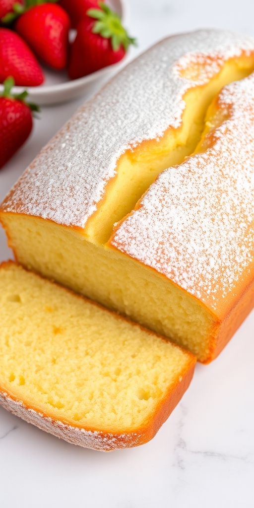 A freshly baked loaf of yellow cake with a golden brown crust lightly dusted with powdered sugar, sliced to reveal a moist interior, placed on a white marble surface with vibrant red strawberries in the background.