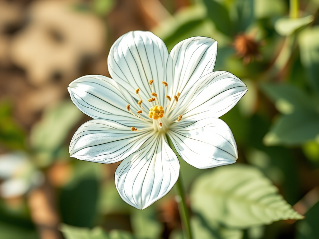 Create a high-resolution botanical illustration of a flowering plant with detailed line work, shot with a Canon EOS R5 at f/8, ISO 100, 50mm lens, top-down perspective, natural lighting, and a soft focus background to enhance the subject's clarity.