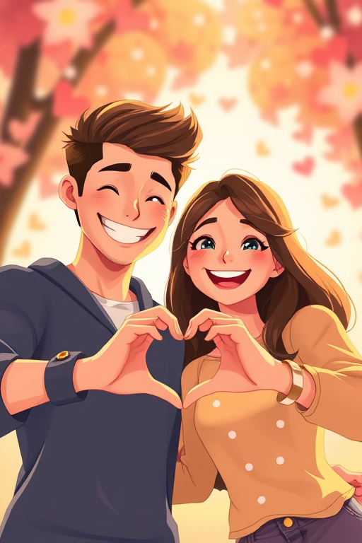 Create a vibrant animated illustration of a couple making a heart shape with their hands, with the woman smiling brightly and the man looking cheerful, use a digital art style with a soft focus effect, set to a 50mm lens equivalent with f/2.8 aperture for shallow depth of field, and a warm color palette to enhance the joyful atmosphere.