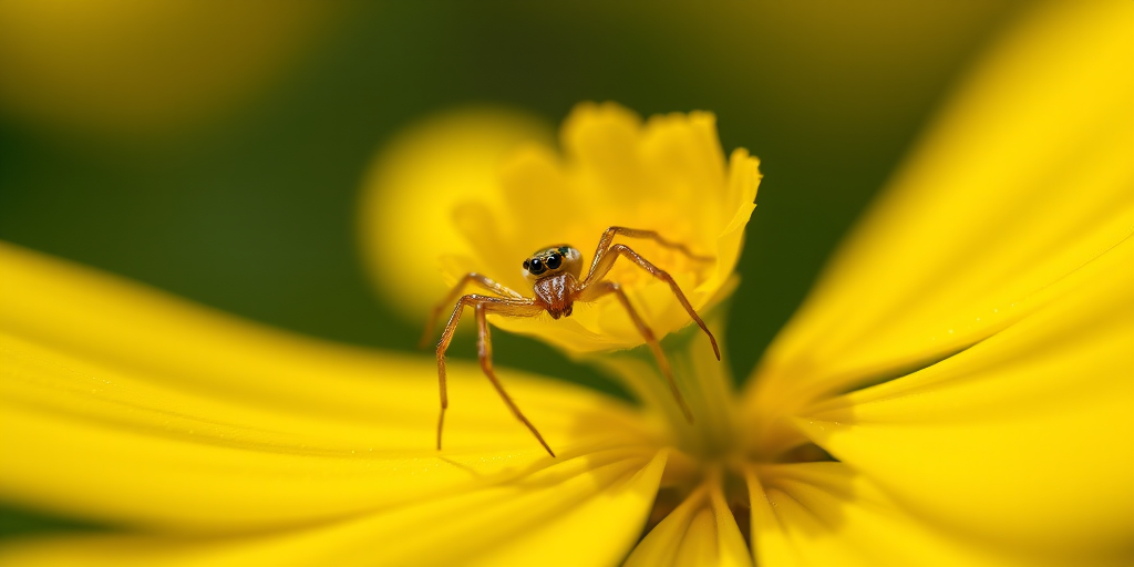 Macro photograph of a yellow flower with a spider on it, f/2.8 aperture, ISO 100, 1/200 sec shutter speed, natural light, captured with a DSLR camera using a macro lens at eye level.