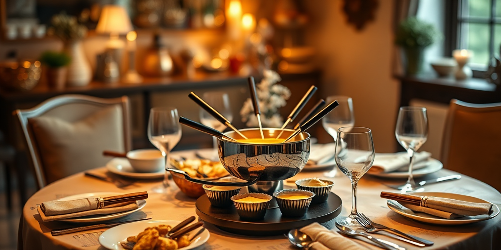 a well-lit cozy dining table set for fondue with a metallic fondue pot, multiple dipping utensils, elegant glassware, and decorative elements, captured with a DSLR camera, 50mm lens, aperture f/2.8, ISO 100, natural light, warm color tones, shallow depth of field