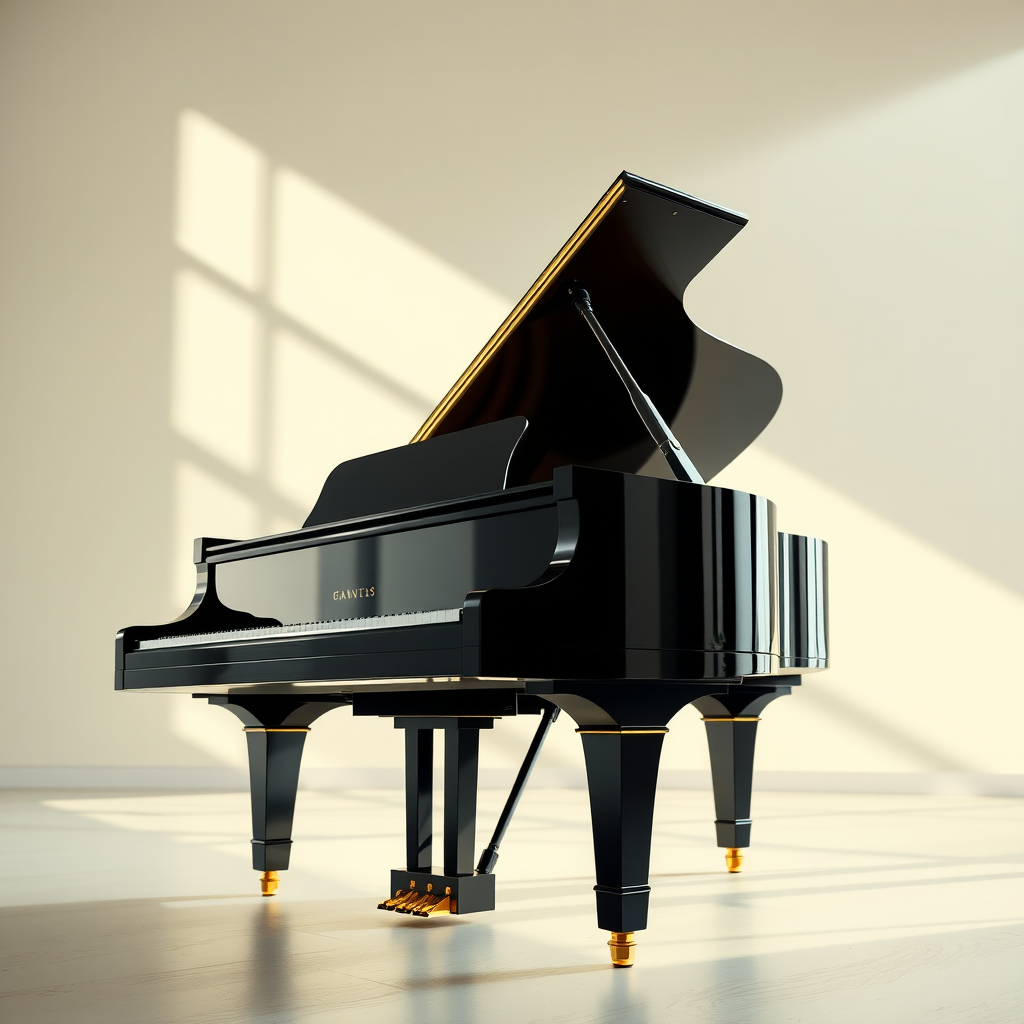 high-quality illustration of a grand piano viewed from a low angle, soft natural lighting, focus on glossy black finish and intricate details, using a digital camera with a focal length of 50mm, aperture f/2.8, ISO 100