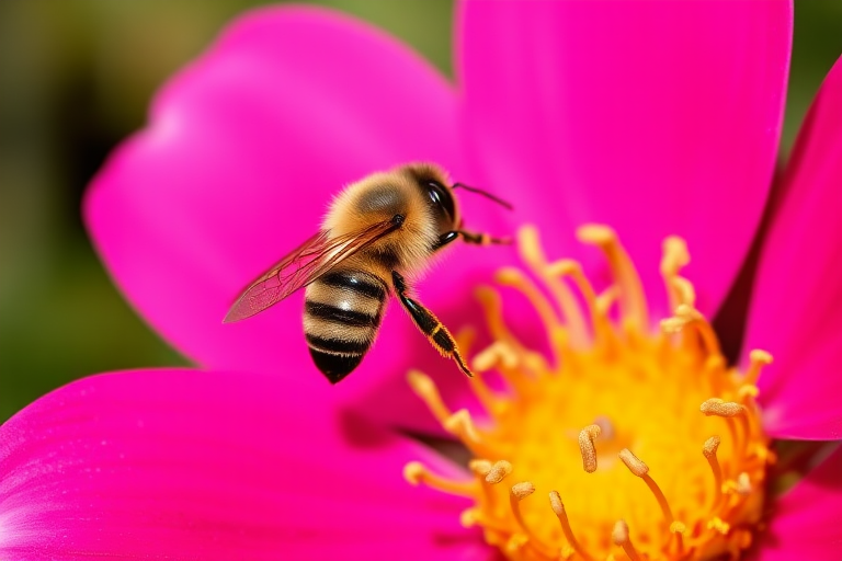 macro shot of a bee on a vibrant pink flower, using a Canon EOS 90D with a 100mm f/2.8L macro lens, aperture f/2.8, ISO 100, shutter speed 1/200 sec, natural light, focus on the bee's details, background slightly blurred to enhance depth.