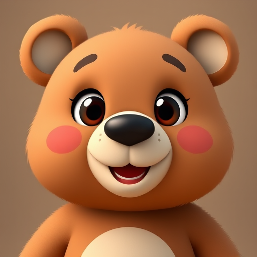 Create a cute cartoon bear character with large expressive eyes, soft fur texture, and a happy smile, using a DSLR camera with a 50mm lens, f/1.8 aperture, ISO 100, and a natural lighting setup for enhanced image quality.
