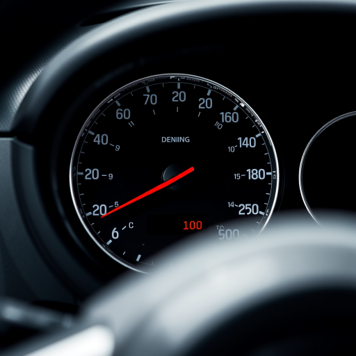Create a high-resolution image of a speedometer with a range from 0 to 200, showing the needle at 160, using a DSLR camera with a focal length of 50mm, aperture set at f/8, ISO 100, and a slight tilt for a dynamic perspective.