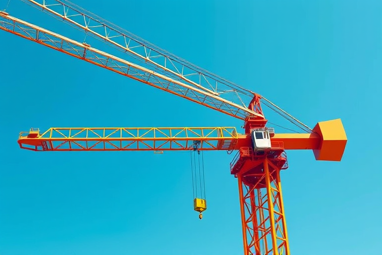 Create a high-resolution illustration of a construction crane lifting a heavy load, captured with a 50mm lens at f/8 aperture, 1/200 shutter speed, ISO 100, in a clear blue sky setting, using a digital SLR camera for sharp details and vibrant colors.