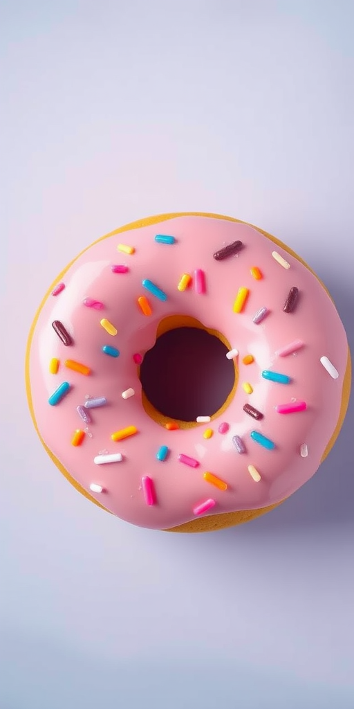 Create a vibrant illustration of a donut with pink icing and colorful sprinkles against a soft blue gradient background, captured using a Canon EOS R5 at f/2.8 aperture, ISO 100, 1/125 sec shutter speed, in a top-down view with a macro lens to enhance detail and color saturation.