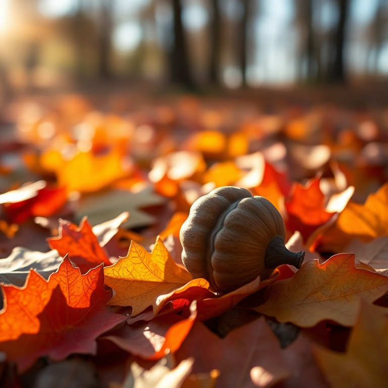 Softly focused close-up of a single acorn resting on a bed of vibrant autumn leaves, soft golden light illuminating the rich reds, oranges, and yellows, with distant trees barely visible in the background.
