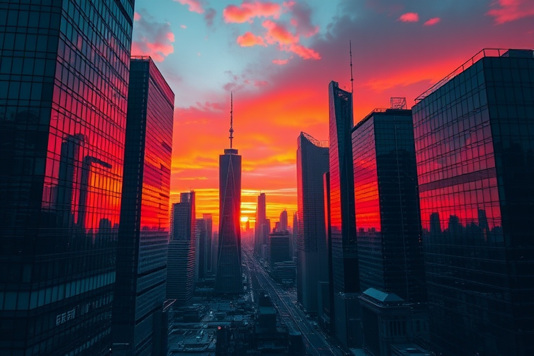 Generate an image of a futuristic city skyline at sunset, with vibrant colors reflecting off glass skyscrapers, wide-angle view, ISO 200, f/11, 1/100s, using a DSLR camera.