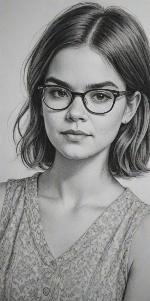 Wonderful Maia Mitchell, pencil sketch, portrait of Appealing woman 1923s in glasses, hair style beatnik, outline, clear lines, fine lines, 8k