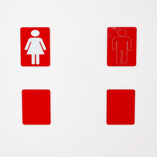 Create a high-resolution image of red restroom signs for female and male with minimalistic design, using a DSLR camera, f/2.8 aperture, ISO 100, 50mm lens, top-down view, natural lighting for enhanced clarity.