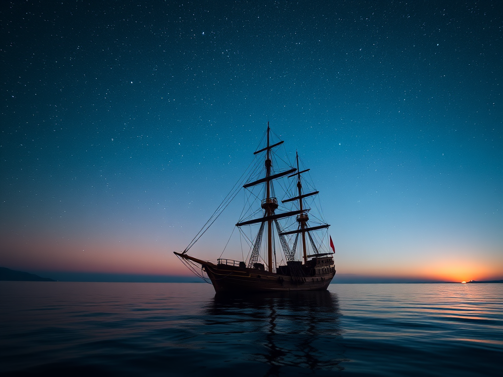 Create a nighttime scene of an old sailing ship on a calm sea under a starry sky with vibrant colors, using a Canon EOS R6 camera, 24mm f/1.4 lens, ISO 800, aperture f/2.8, shutter speed 15 seconds, captured from a low angle to emphasize the ship's reflection and the vastness of the night sky.