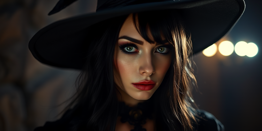 portrait of a gothic witch with dark hair and a black wide-brimmed hat, dramatic makeup, and sharp features, captured in low light, 50mm lens, f/1.8 aperture, ISO 200, shallow depth of field, soft focus background, high contrast, cinematic lighting