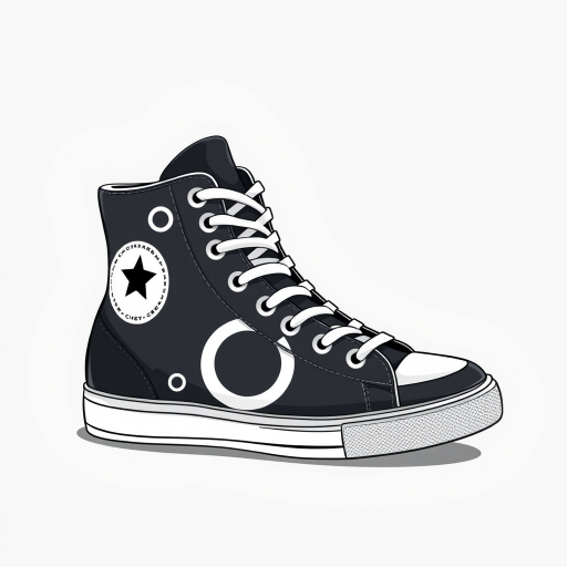 Generate a high-resolution illustration of a black high-top sneaker with white circular designs, using a DSLR camera with a 50mm lens at f/1.8 aperture, ISO 100, and a soft focus background to enhance the shoe's details.