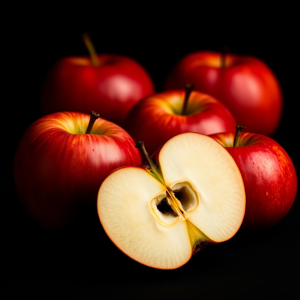 red apples on a black background with one apple cut in half revealing the inside, soft lighting, f/4 aperture, shutter speed 1/125s, ISO 100, macro view, DSLR camera, high-resolution digital art