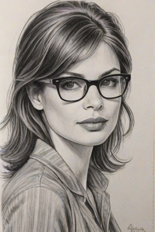 Resplendent Gale Harold, pencil sketch, portrait of Ravishing woman 1961s in glasses, hair style beatnik, outline, clear lines, fine lines, 8k