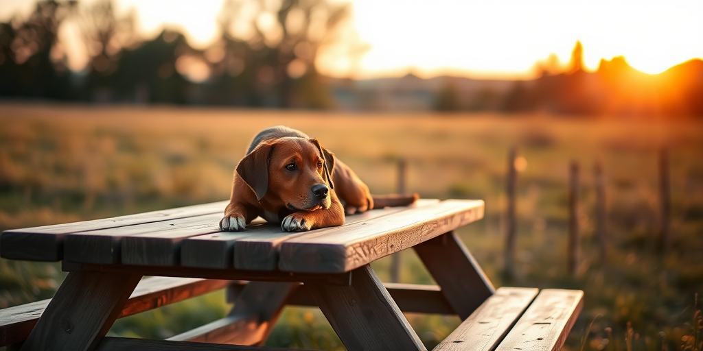 Capture a well-lit photograph of a brown dog lounging on a picnic table in a grassy field during the golden hour, with a depth of field effect, using a DSLR camera with a 50mm lens at f/1.8, ISO 200, shutter speed 1/200s, in portrait orientation.