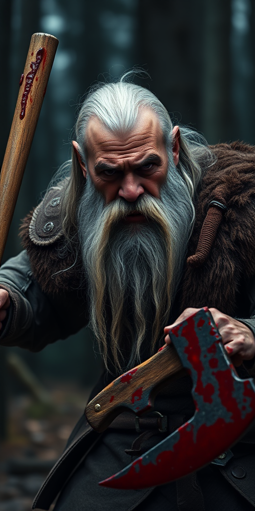 A fierce old warrior with a long gray beard wielding a bloody axe against a dark forest backdrop, shot with a Canon EOS R5, ISO 100, f/4, 50mm lens, shallow depth of field, high contrast and vibrant colors to enhance detail.
