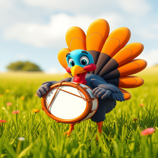 cartoon turkey drumming on a drum in a grassy field, vibrant colors, camera settings: f/5.6, 1/250s, ISO 100, camera view: eye-level, camera style: bright and colorful, camera type: digital art illustration
