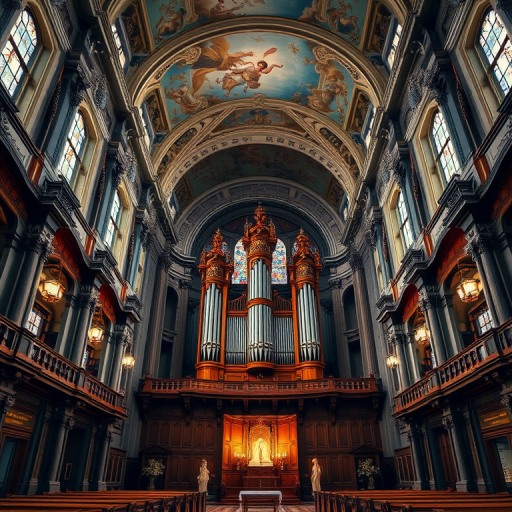 Regenerate an image of a grand church interior showcasing ornate architecture and two large pipe organs under a beautifully painted ceiling, captured with a Canon EOS R5, 24mm lens, f/8 aperture, ISO 100, HDR mode for enhanced dynamic range.