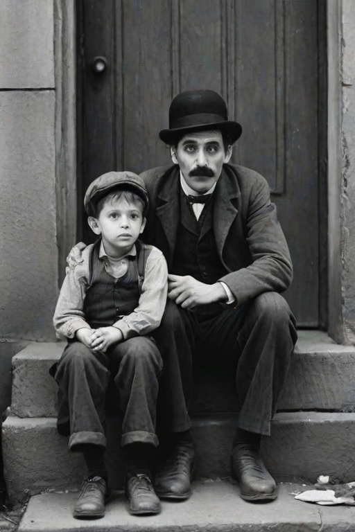 A black-and-white photograph of a man and a child sitting on steps in front of a doorway. The man is dressed as a tramp with a bowler hat, mustache, and ragged clothes, reminiscent of Charlie Chaplin's iconic look. He is sitting with his arms crossed and an expression of slight sadness or frustration. Next to him is a young boy, also in worn clothes and a cap, sitting with his hands clasped, looking thoughtful. The background is an old, textured wall and a partially open door, creating a vintage, early 20th-century atmosphere.