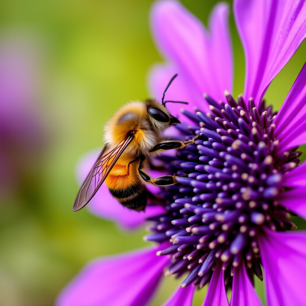 macro photograph of a bee on a vibrant purple flower with detailed focus on the bee, f-stop 2.8, shutter speed 1/250, ISO 100, 100mm lens, natural light, shallow depth of field, DSLR camera