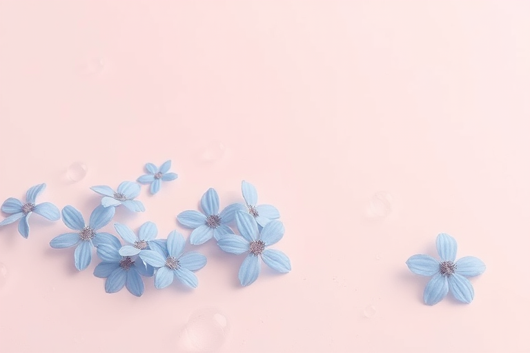 A serene composition of delicate blue flowers floating on a soft pastel surface with gentle bubbles surrounding them, creating a tranquil and calming atmosphere.