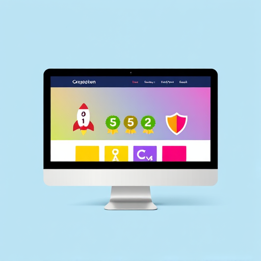 Create an illustration of a computer monitor displaying a vibrant website with icons representing a rocket, a number one badge, a color wheel, and a shield on a light blue background, captured using a Canon EOS 5D Mark IV, 50mm lens, f/2.8 aperture, ISO 100, with a sharp focus and bright colors.