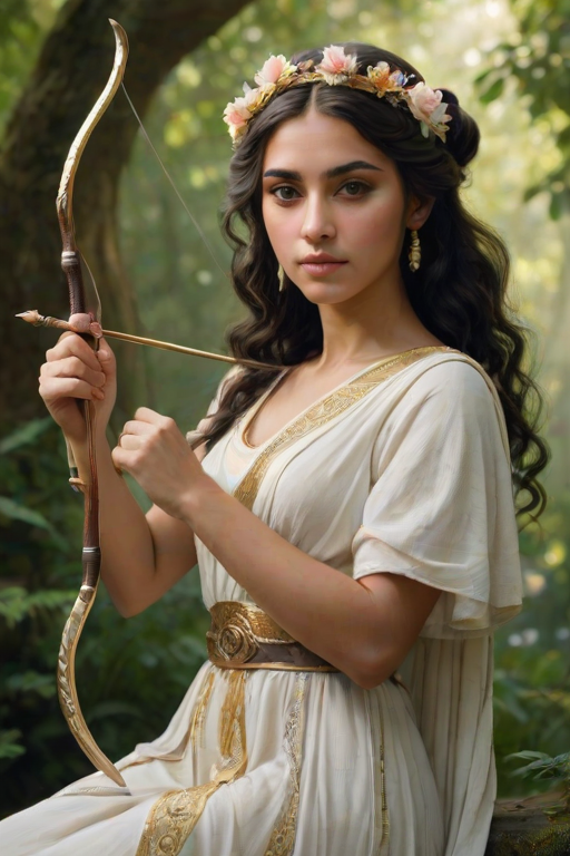 Create a portrait of a goddess-like Coptic girl figure in a tranquil, forested environment. She has an elegant appearance with long, wavy hair styled in an updo and adorned with a delicate, floral headband. She wears a flowing, ancient Greek-inspired gown in a soft, pale color, featuring a one-shoulder design and draped fabric that accentuates her graceful form. The outfit includes a decorative belt with ornate gold detailing, and she holds a bow in her hand, with a quiver of arrows slung over her shoulder. The background depicts lush greenery, with sunlight filtering through the trees, casting a gentle, ethereal light on the scene. Her expression is calm and contemplative, embodying a sense of wisdom and serenity.