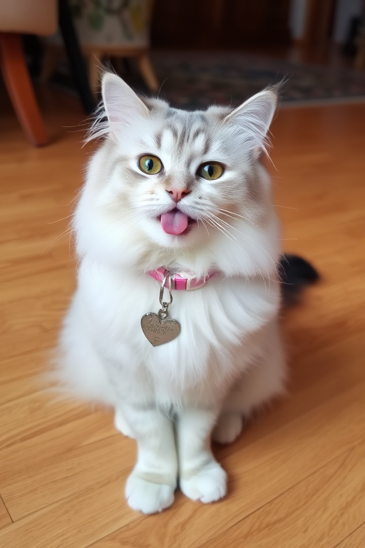 A fluffy white cat with gray markings sitting on a wooden floor sticking its tongue out wearing a pink collar with a heart-shaped tag in a cozy indoor setting with a rug in the background.