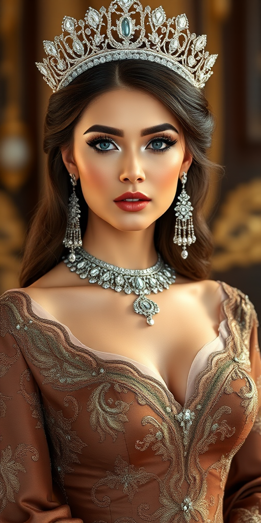A gorgeous Kazakh woman in a luxurious brown gown, accessorized with a dazzling tiara and statement earrings, her deep blue eyes highlighted by impeccable makeup, poised in a royal setting, photorealistic, 8K quality