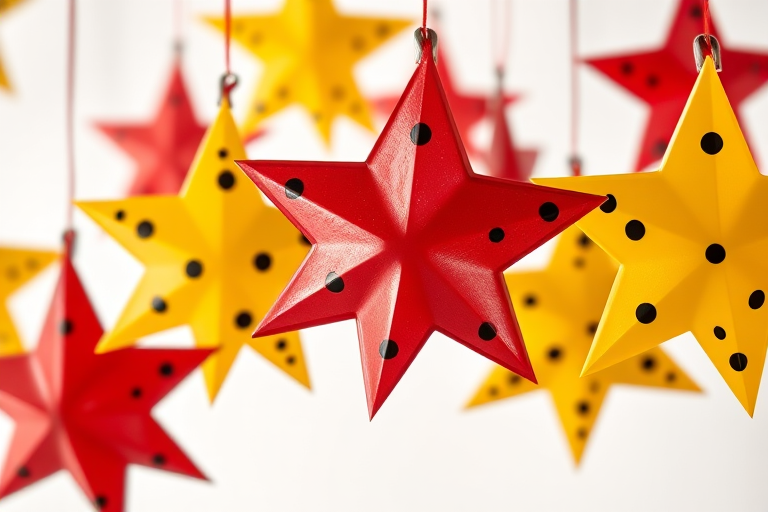 Generate an image of decorative stars in red and yellow with black polka dots, using a DSLR camera, 50mm lens, f/2.8 aperture, ISO 100, 1/200s shutter speed, in a bright studio lighting setup, capturing a high-resolution view from a slightly elevated angle.
