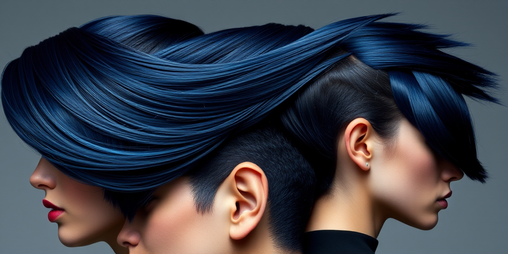 Avant-garde hair style featuring architectural shapes and geometric lines created with stiff gelled strands in a deep midnight blue shade