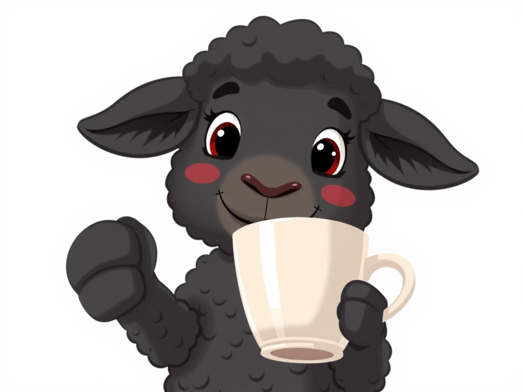 Create a playful cartoon-style image of a cute black sheep holding a cup, using a Canon EOS R5 camera with a 50mm f/1.2 lens, aperture set to f/2.8, ISO 100, and natural lighting to enhance brightness and detail, focus on the sheep's facial features against a simple white background.