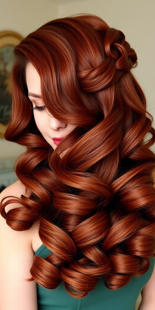 Rich mahogany hair with subtle copper highlights, styled in voluminous vintage-inspired pin curls and victory rolls, exuding retro glamour and sophistication known as Cinnamon Siren