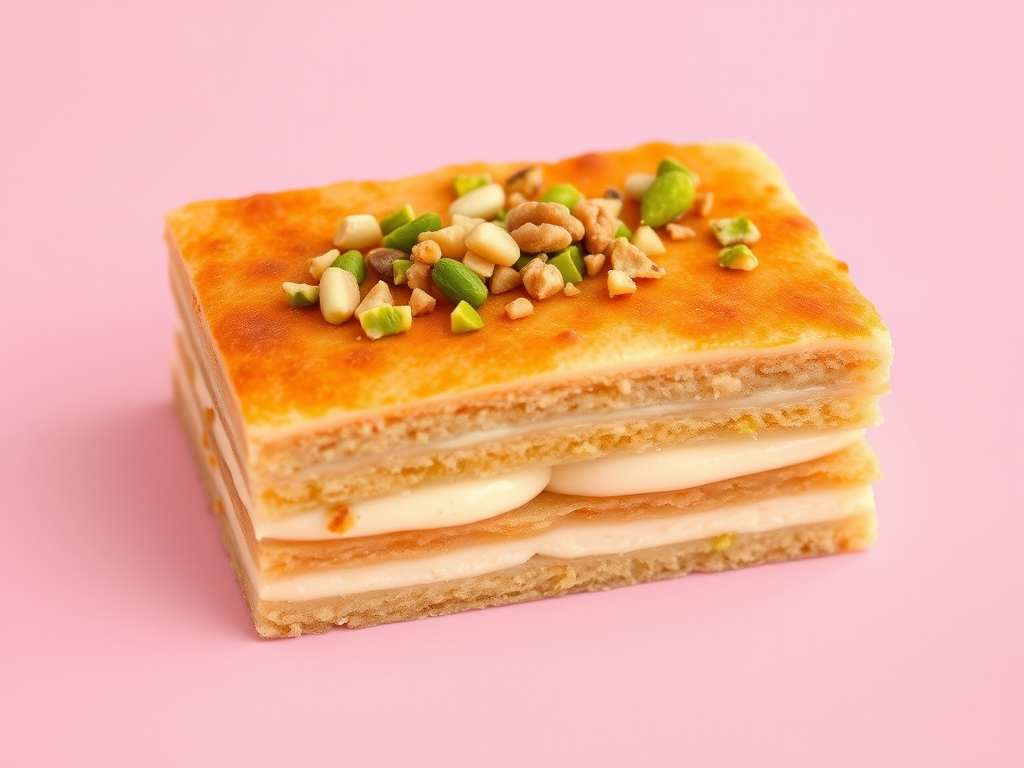 A rectangular dessert made of layers of creamy filling and crispy pastry, topped with chopped pistachios and walnuts, sitting on a light pink background. The dessert has a golden brown and slightly caramelized appearance on top, with visible layers showcasing the creamy texture.