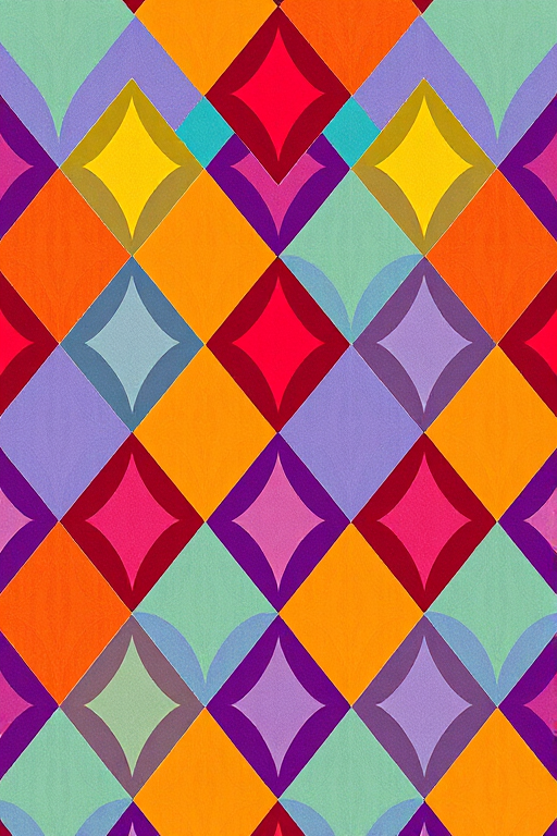 Create a vibrant geometric pattern featuring colorful diamonds arranged in a repeating sequence with a high-contrast color palette, shot with a DSLR camera at f/8 aperture, ISO 100, using a 50mm lens, top-down view and soft natural lighting to enhance depth and texture.
