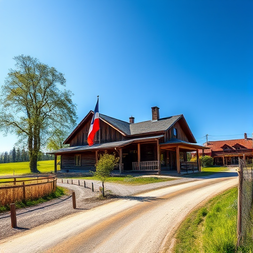 country road, rustic wooden house with a red and blue flag, clear blue sky, soft sunlight, f2.8 aperture, ISO 100, 24mm lens, wide-angle view, DSLR camera, vibrant colors and sharp details