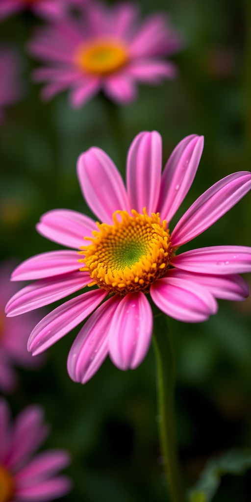 Close-up of a pink daisy with a vibrant yellow center, soft-focus background with droplets of water, DSLR camera, aperture f/2.8, ISO 200, 50mm lens, shot from eye level with natural light.