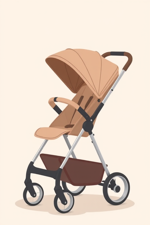 Illustration of a stroller with a simple design, soft brown colors, high resolution, shot with a Canon EOS R5, 50mm lens, f/2.8 aperture, natural lighting, front view.