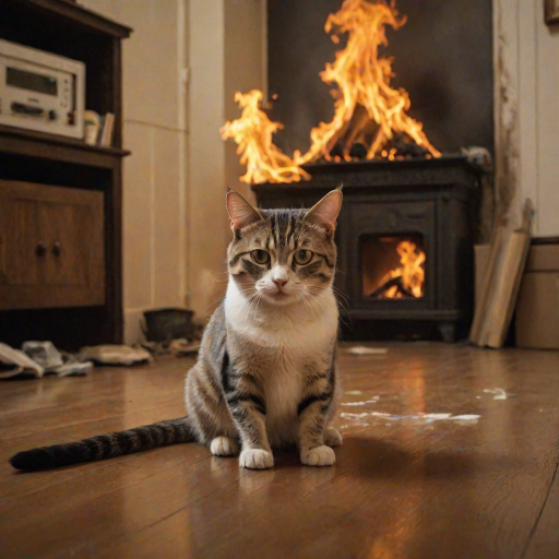 Photorealistic image of an innocent-looking cat sitting calmly in the middle of a burning room. Flames engulf the room, with fire licking up the walls and smoke filling the air. The cat is sitting on the floor, looking directly at the viewer with wide, innocent eyes. Above the cat, a speech bubble says "The dog did it!" The contrast between the cat's calm demeanor and the chaos around it creates a humorous and surreal scene.